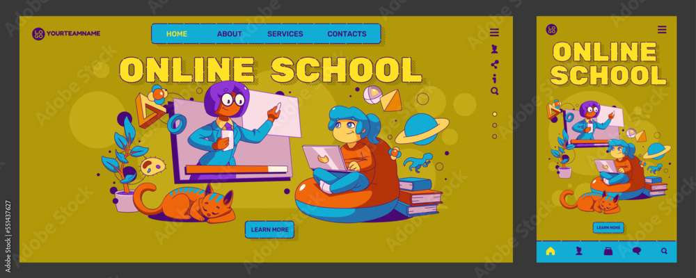 Online school website templates set. Contemporary vector illustration of happy kid sitting home with laptop, having lesson with teacher via internet. Landing page for computer and mobile gadget Online school website templates set. Contemporary vector illustration of happy kid sitting home with laptop, having lesson with teacher via internet. Landing page for computer and mobile gadget