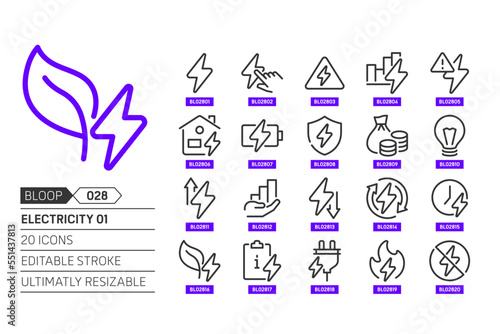 Electricity 01 related, pixel perfect, editable stroke, up scalable, line, vector bloop icon set.