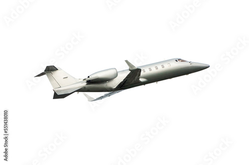 Private jet flies isolated on white background