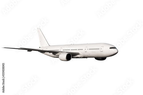 Wide body passenger aircraft flying isolated on white background