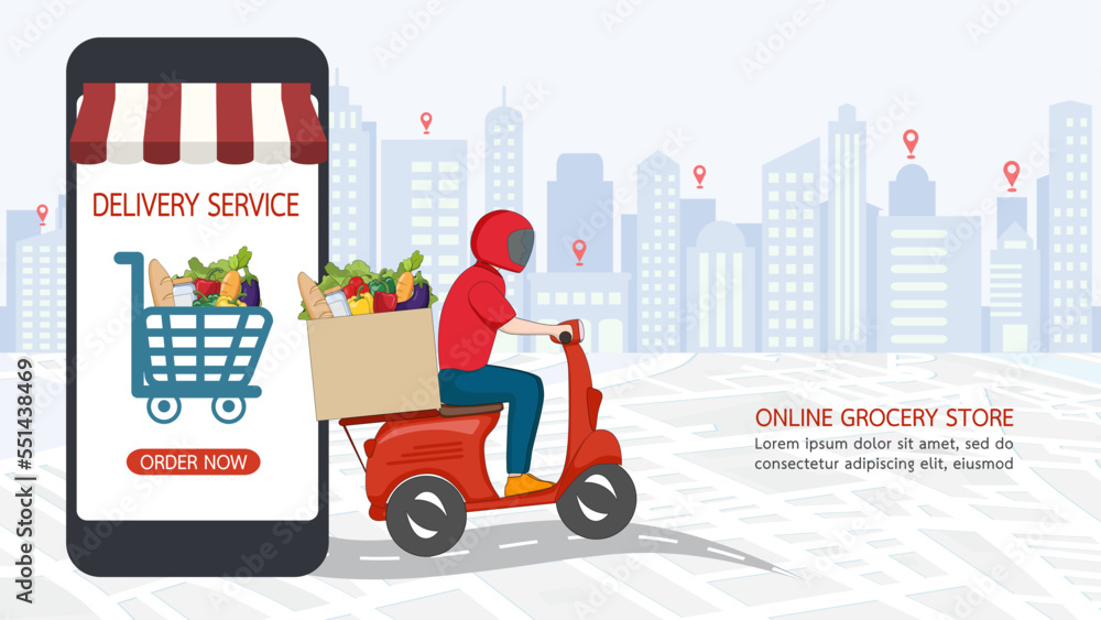 Online order grocery shopping on touch screen mobile a smartphone. Delivery service at home for cooking food. Business and technology for healthy good nutrition. Vector illustration style.