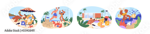 People relaxing on summer holiday. Men, women resting at sea resort on vacation, swimming in pool, snorkeling, sunbathing with cocktails. Flat vector illustrations isolated on white background