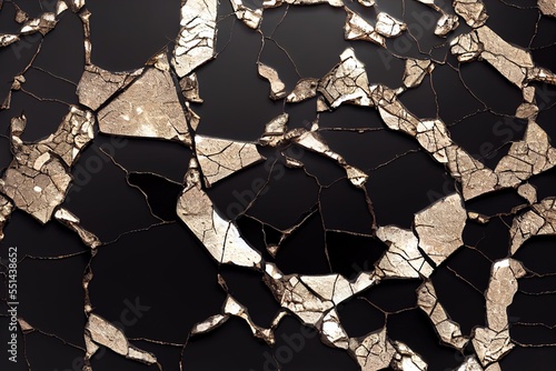  a black and gold background with cracked pieces of metal foil on it's surface and a black background with a black background with a gold foiled pattern. Generative AI