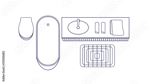 Bathroom interior layout top view. Overhead contoured bath room design plan with tub, lavatory, washbasin. Outlined washroom, home WC. Line art flat vector illustration isolated on white background