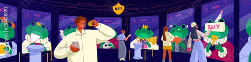 NFT concept. Digital art market, artists gallery. Virtual business, trade with nonfungible tokens, blockchains. Buying, paying with cryptocurrency for electronic artworks. Flat vector illustration