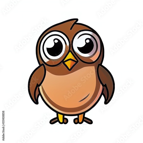 a cartoon owl with big eyes and a yellow beak is standing upright and looking at the camera with a wide open eye. Generative AI