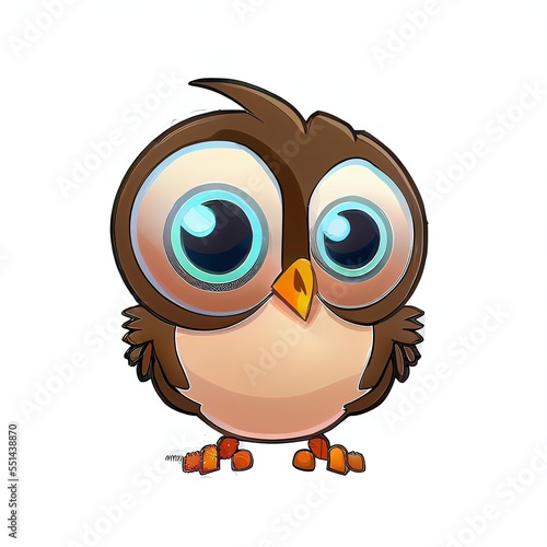  a cartoon owl with big blue eyes and a brown beak is standing upright with its eyes wide open and looking at the camera. Generative AI