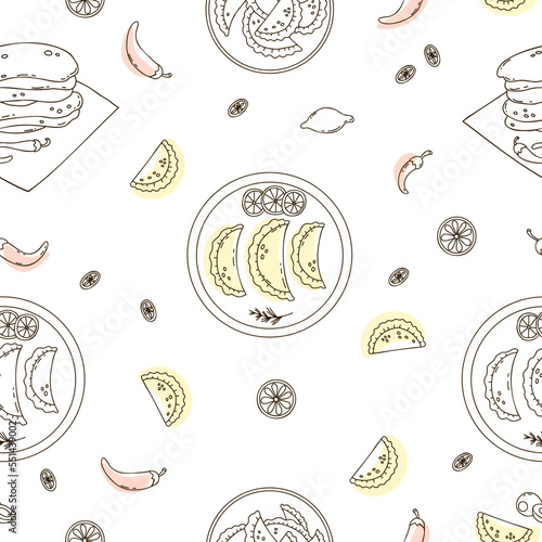 Seamless pattern with Mexican Empanadas and corn tortillas with chili peppers and lime slices on white background. Vector illustration latin american food in linear doodle style