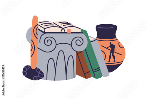 World history, school subject concept. Books, ancient historical antique artifacts, art objects of antiquity for study, education, lesson. Flat vector illustration isolated on white background