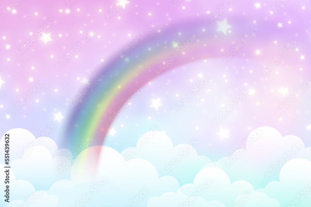 Fantasy unicorn background with clouds on rainbow sky. Magical landscape, abstract fabulous wallpaper with stars and sparkles. Arched realistic spectrum. Vector.