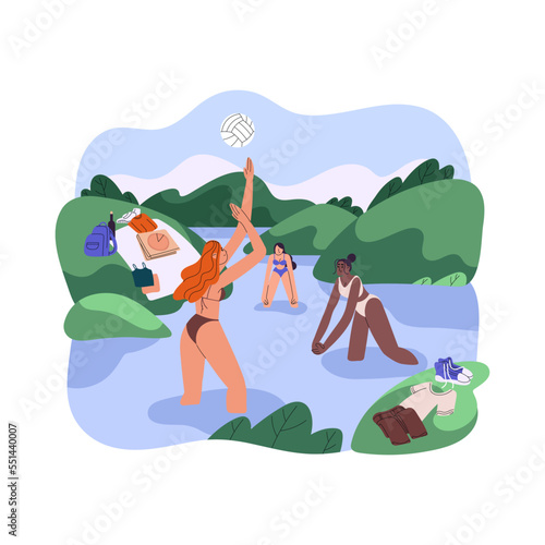 Girls friends playing ball, volleyball game, standing in water in nature. Happy women during sport activity on summer holiday, vacation outdoors. Flat vector illustration isolated on white background