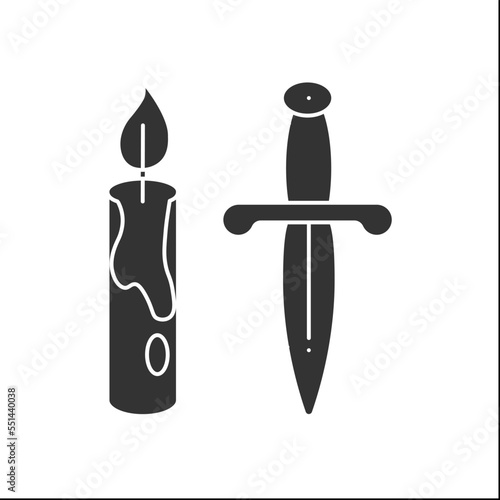  Magic rituals glyph icon. Candle and dagger. Sacrifice. Magical arts concept. Filled flat sign. Isolated silhouette vector illustration
