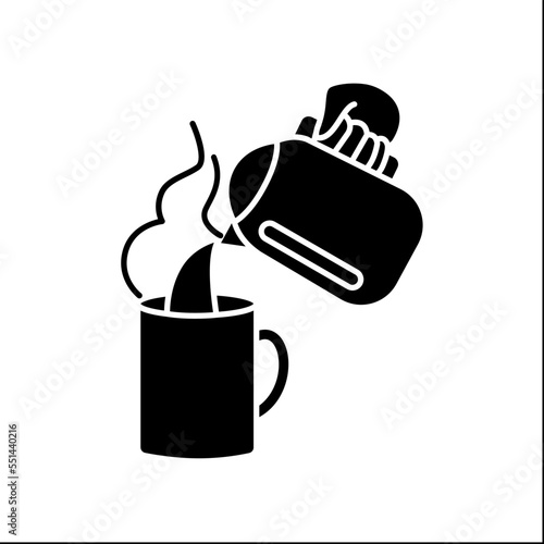  Hot drink glyph icon. Pour hot steam water from an electric kettle into an empty cup.Cafeteria. Tea and coffee preparation concept.Filled flat sign. Isolated silhouette vector illustration