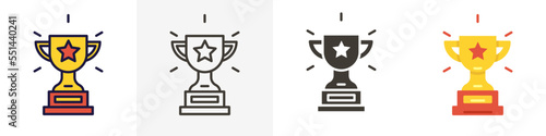 Winner cup, first place with golden bowl cup. Trophy with a star. Prize, achievement and rewards. Earn points online business. Vector trendy icon illustration design in 4 different styles