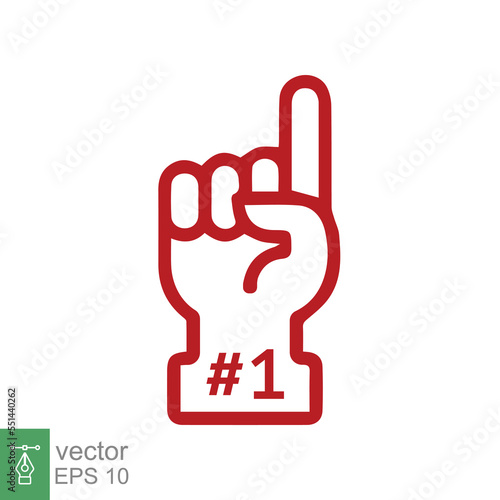 Number 1 foam glove icon. Red number one fan hand glove. Simple flat style. Fan logo hand with finger raised. Vector illustration isolated on white background. EPS 10.