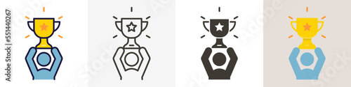 Character male holding trophy. Vector trendy icon illustration design in 4 different styles. Winning, success, achievement. Business, sports, personal achievements.