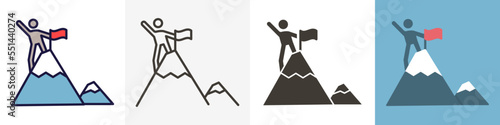 Character reaching top of the mountain and sticking a flag. Thin line icon trendy design in 4 different styles