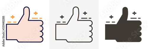 Cheerful thumbs up with stars. Approval, certified vector trendy icon illustration design graphic element in 3 different styles