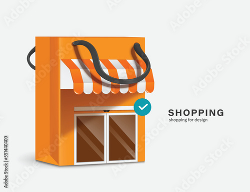 Shop or store shaped with orange shopping bag and there is an order confirm icon pop up above,