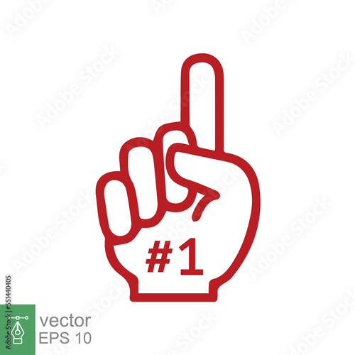 Number 1 foam glove icon. Red number one fan hand glove. Simple flat style. Fan logo hand with finger raised. Vector illustration isolated on white background. EPS 10.