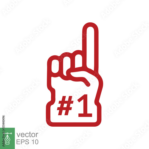 Number 1 foam glove icon. Red number one fan hand glove. Simple flat style. Fan logo hand with finger raised. Vector illustration isolated on white background. EPS 10.