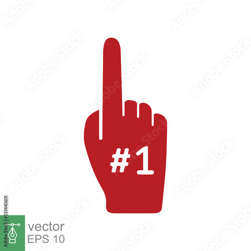 Number 1 foam glove icon. Red number one fan hand glove. Simple flat style. Fan logo hand with finger raised. Vector illustration isolated on white background. EPS 10.