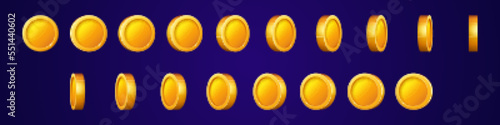 Gold coins turn around animation set. Game, casino icons of money, award, treasure. Sprite sheet with golden coins rotate isolated on background, vector cartoon illustration