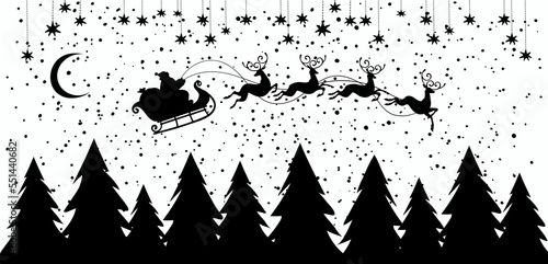 Flying Santa Claus in a sleigh, silhouette for Christmas decoration. Winter forest, snow and stars, beautiful background for design for the new year. Isolated vector illustration on a white background