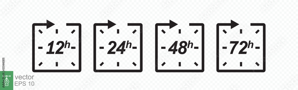 Hour icon set. 12, 24, 48 and 72 hours clock arrow. Fast delivery, timer with circle arrow. Vector work time effect or delivery service time icons. EPS 10. Hour icon set. 12, 24, 48 and 72 hours clock arrow. Fast delivery, timer with circle arrow. Vector work time effect or delivery service time icons. EPS 10.