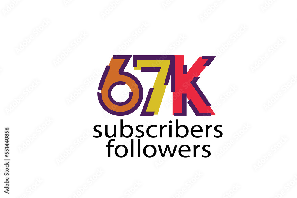 67K, 67.000 subscribers or followers blocks style with 3 colors on white background for social media and internet-vector