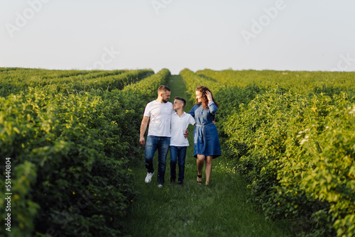 Young family looking at the camera while walking in the garden © andriyyavor