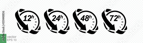 Hour icon set. 12, 24, 48 and 72 hours clock arrow. Fast delivery, timer with circle arrow. Vector work time effect or delivery service time icons. EPS 10.