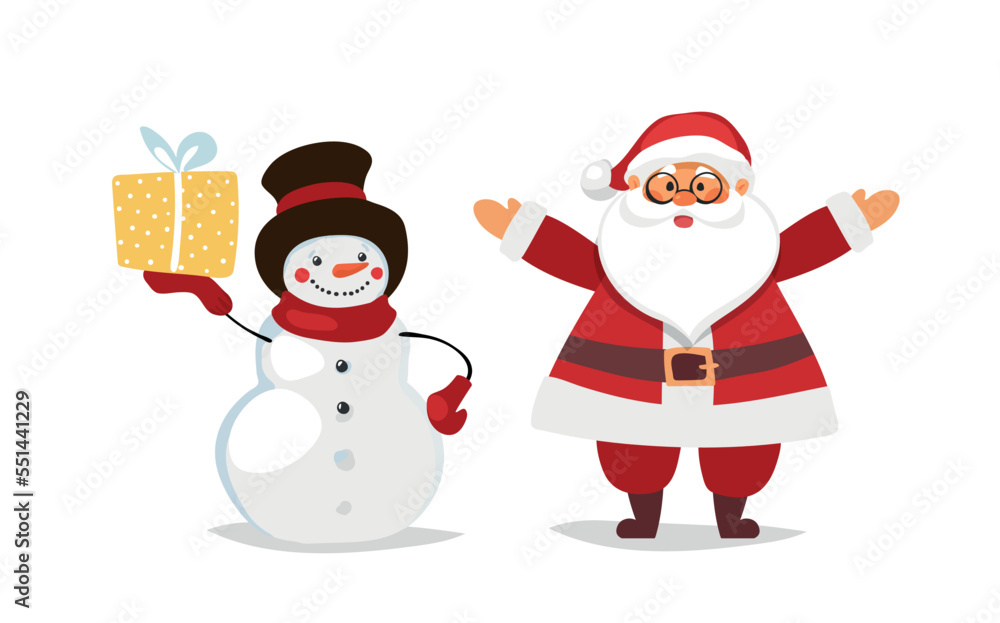 Funny cute Santa Claus and snowman with gift, set of characters for Christmas, vector illustration isolated on a white background. Funny cute Santa Claus and snowman with gift, set of characters for Christmas, vector illustration isolated on a white background.