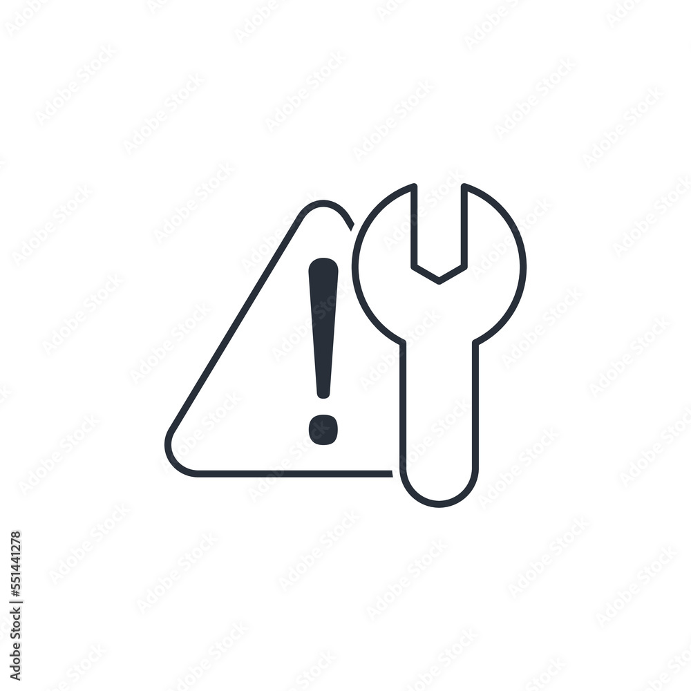 Attention and wrench. Preventive and repair work. Vector linear icon isolated on white background. Attention and wrench. Preventive and repair work. Vector linear icon isolated on white background.