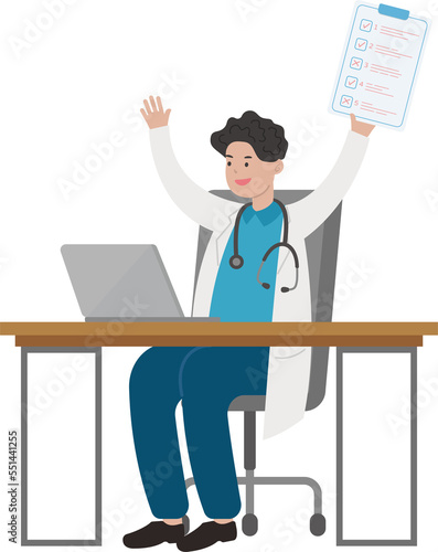 Male doctor medical worker sitting and working with computer with diagnosis book with clip-on, cartoon comic vector character