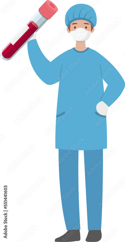 Surgery staff medical worker with test tube blood, cartoon comic vector character Surgery staff medical worker with test tube blood, cartoon comic vector character