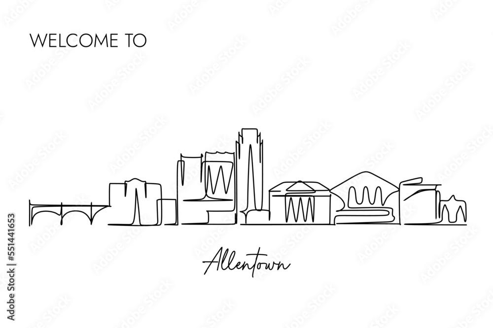 Continuous One line drawing of Allentown city Skyline in The USA. Simple hand drawn sketch design style for tourism and business copyright illustration.