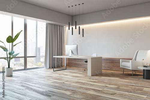 Contemporary concrete office interior with wooden flooring, furniture, equipment and window with city view. 3D Rendering. © Who is Danny