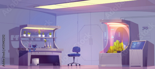 Biology laboratory for plants research, science tests and experiments. Biotechnology lab interior with scientific equipment for breeding and analysis herbs, vector cartoon illustration