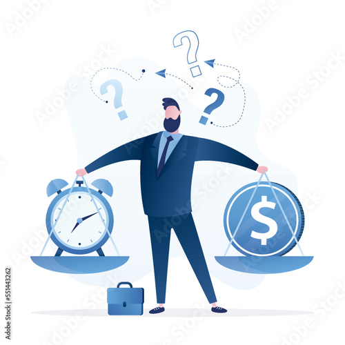 Difficulty decision, time or profit, businessman thinking, balancing save time or earning money choice. Time value of money. Money management. Work efficiency, productivity.