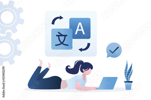 Businesswoman or female student translate foreign text or voice uses app on laptop. Language translator, dictionary, bot translator. Schoolgirl learning language. Online translation software.