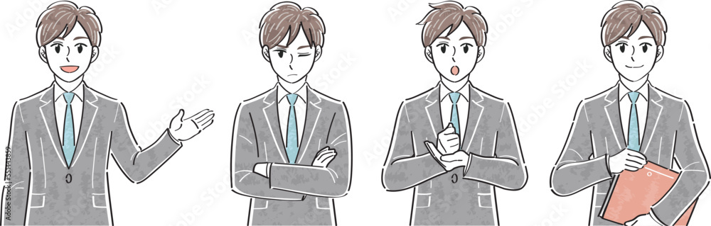 ビジネススーツの男性　表情ポーズの上半身イラストセット（案内する　イライラする　気づく　納得）