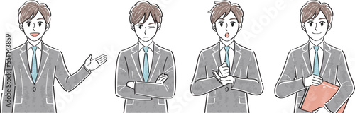 ビジネススーツの男性　表情ポーズの上半身イラストセット（案内する　イライラする　気づく　納得）