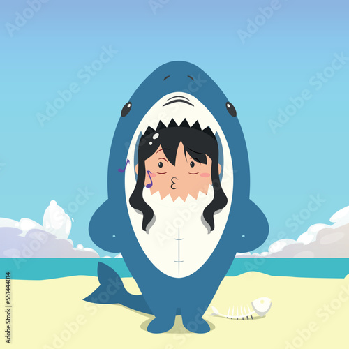 little girl wearing a shark costume character whistling isolated on a beach background. little girl wearing a shark costume character emoticon illustration
