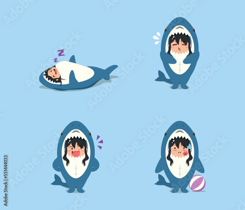 little girl wearing a shark costume character sleeping, slapped, mocking, and bored isolated on a beach background. little girl wearing a shark costume character set emoticon illustration