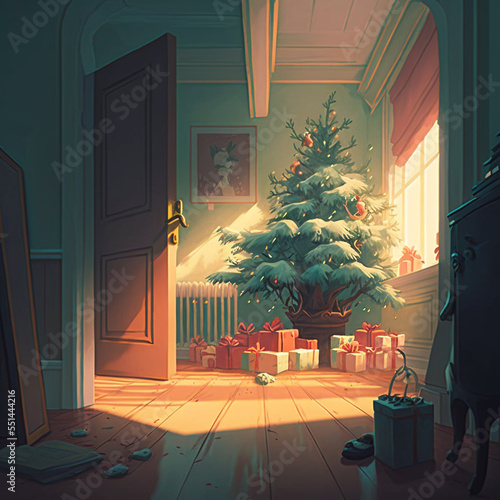 Chritmas tree in the living room interior design concept art illustration photo