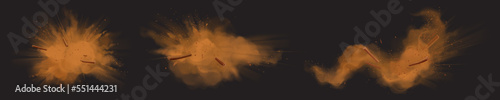 Realistic set of cinnamon bark powder and strips scattered in different directions. Vector illustration of brown aromatic condiment in dust and sticks isolated on black background. Food flavoring