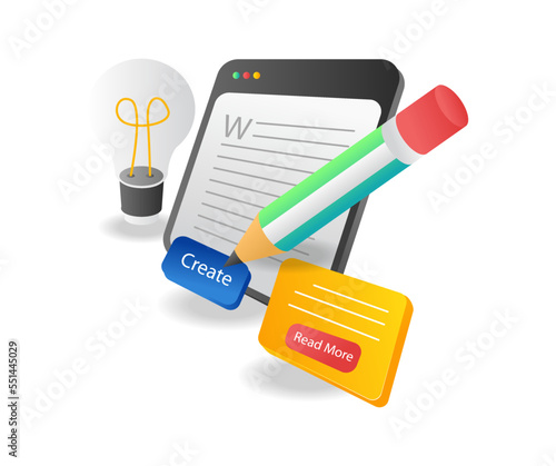 Isometric flat 3d concept illustration creative idea of making blog article layouts
