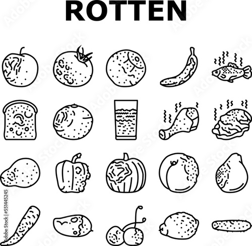 rotten food fruit waste garbage icons set vector. organic green, mold bad, nature rot, trash dirty, compost spoiled, damaged vegetable rotten food fruit waste garbage black contour illustrations