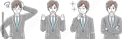 ビジネススーツの男性　表情ポーズの上半身イラストセット（悩む　ガッツポーズ　憧れ　笑顔）